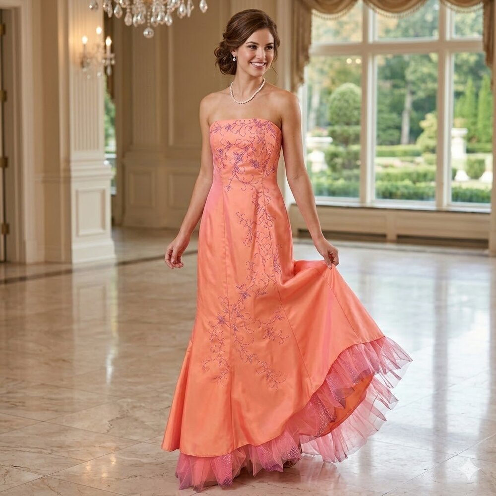 Iridescent Coral Taffeta Strapless Mermaid Gown